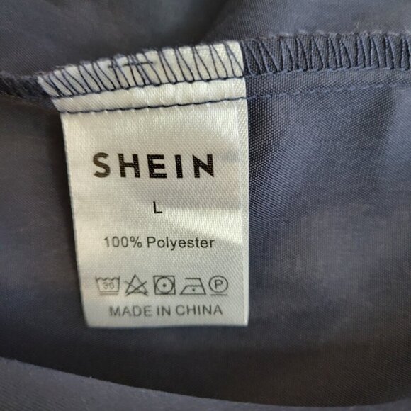 Shein Stand Up Collar Long Sleeve Blouse SZ L Button Up/Button Cuffs Blue Shirt - Picture 11 of 13